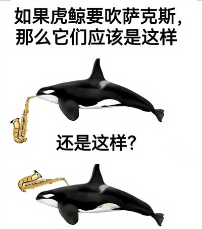 这张图片展示了两只虎鲸分别以两种不同方式吹奏萨克斯的幽默合成图。上方虎鲸水平叼着萨克斯，下方虎鲸垂直叼着萨克斯，通过这种荒诞的组合创造出喜剧效果。图片上方配有文字"如果虎鲸要吹萨克斯，那么它们应该是这样"，中间配有"还是这样?"的疑问，引导观众对比两种滑稽的姿势。