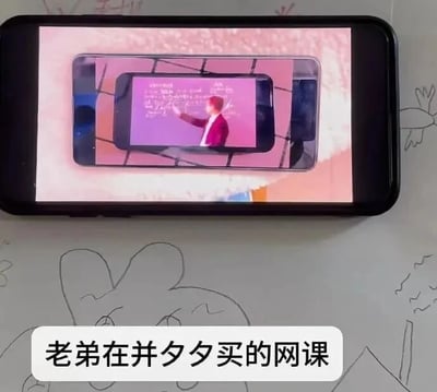 这是一张带有文字加注的静态搞笑梗图，画面主体是一部手机的屏幕，屏幕内又显示着一部手机，这部手机里还嵌套着一部手机，最内层的手机画面中是一位身穿红色外套的网课讲师，正指着紫色背景的屏幕进行授课，形成了视觉上的无限套娃效果。图片底部配有文字“老弟在并夕夕买的网课”，其中“并夕夕”是电商平台“拼多多”的谐音，用这种套娃的视觉形式调侃在该平台购买的低价网课存在内容缩水、敷衍消费者的情况，通过夸张的视觉错位来放大吐槽的趣味性，属于典型的网络搞笑梗图。