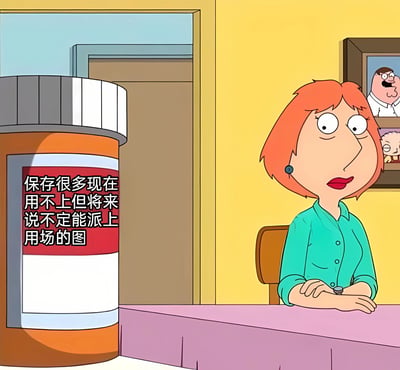 动画《恶搞之家》(Family Guy)中的角色Lois Griffin坐在桌前，表情困惑地注视着一个巨大的橙色药瓶。药瓶标签上用中文写着'保存很多现在用不上但将来说不定能派上用场的图'，幽默地讽刺了人们喜欢囤积无用图片的行为。