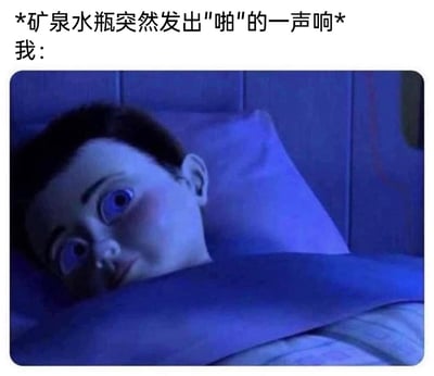 这是一张结合动画截图与文字的搞笑共鸣梗图，上方文字设定场景：“*矿泉水瓶突然发出"啪"的一声响* 我：”，下方是迪士尼动画《玩具总动员》里的角色安迪的截图，安迪躺在床上，裹着被子只露出头部，眼睛瞪大、眼神惊恐不安，生动还原了很多人在安静深夜里，突然听到莫名小声响后被吓到、紧张蜷缩的状态，精准戳中人们独处时对突发动静过度敏感、容易脑补害怕的日常心理，用夸张的动画表情放大了这种真实又胆小的瞬间，很容易引发同类人群的共鸣。