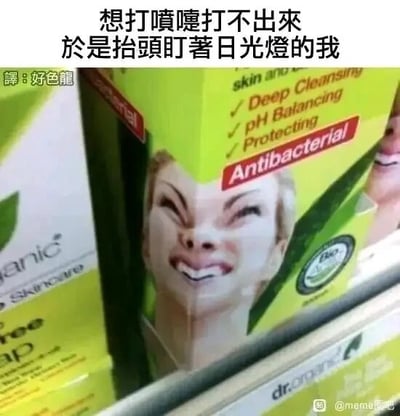 这张图是利用两个dr.organic品牌的护肤品包装盒的人物图案拼接形成的视觉错位效果，中间的人物脸部因为两个盒子的拼接，呈现出挤眉弄眼、面部扭曲的夸张表情，完美对应了上方配文“想打喷嚏打不出来 于是抬头盯着日光灯的我”所描述的日常场景——很多人在想打喷嚏却打不出来时，会做出类似的面部动作，甚至会抬头看强光来刺激喷嚏打出，图中的夸张表情把这种尴尬又真实的状态具象化，旁边的“譯：好色龍”标注了该配文的创作者，右下角的水印@memu图吧显示了该图的分享平台账号，整体是一个能引发大众共鸣的搞笑生活类梗图，用巧合的视觉错位精准还原了生活中的小尴尬瞬间。