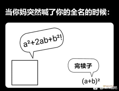 这是一张充满趣味的中文网络梗图，顶部配有文字“当你妈突然喊了你的全名的时候：”，精准点明场景。图中用数学完全平方公式的两种形式来制造谐音梗，还原了很多人被父母喊全名时的恐慌瞬间：左侧的空白方块代表喊全名的妈妈，它的对白气泡里是“a²+2ab+b²!”，这个公式的发音谐音成类似妈妈用严肃语气喊孩子全名的语调；右侧的“(a+b)²”代表被喊全名的孩子，它的对白气泡是“完犊子”，直白地表达出孩子听到全名后瞬间意识到大事不妙、紧张害怕的心情。整张图用数学公式玩谐音梗，巧妙结合了大众共有的家庭生活经历，既新颖又能引发强烈共鸣。