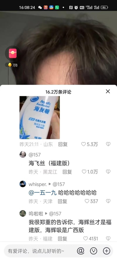 这是抖音评论区的截图，有用户发布了一款名为“海灰吸”的山寨去屑洗发露图片，引发其他网友用方言谐音玩梗：有用户将其称为“海飞丝（福建版）”，还有福建网友补充“海辉丝才是福建版，海辉吸是广西版”，利用不同地区方言里“飞”与“灰/辉”、“丝”与“吸”的发音相近的特点，制造出搞笑的地域方言玩笑。

谐音梗说明：借助福建、广西等地的方言发音差异，把山寨洗发水名称和知名品牌海飞丝进行谐音关联，形成趣味调侃。