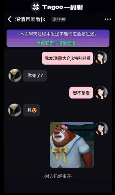 这是一张Tagoo一闪聊的聊天记录截图，显示用户“深情且爱看jk”与另一用户的对话。对话始于“我发现🐻大穿jk特别好看”，对方回应“你穿了？”，随后“深情且爱看jk”询问“想不想看”，对方回复“想😘”并附带一张图片。图片内容为《熊出没》中的角色熊大被P上了JK制服，头戴粉色花朵，表情严肃。聊天底部显示“对方已经离开”。整个场景幽默风趣，通过将卡通熊与JK制服结合制造笑点。