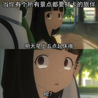 这是一张双 panel 竖版动漫梗图，上方 panel 中黑长直少女表情坚定，告知旅伴“明天早上五点起床哦”，背景为户外场景；下方 panel 特写少女瞪大双眼、瞳孔收缩的惊讶表情，配文“哈？”。整体通过夸张的表情对比，幽默展现旅行中遇到热衷打卡的旅伴时，被迫早起的无奈与震惊，引发旅行者共鸣。