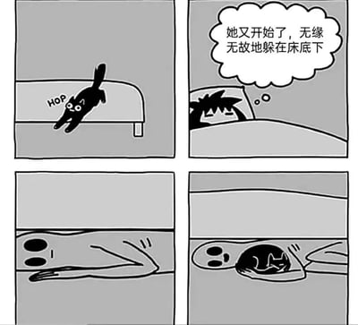 这是一幅四格黑白连环卡通漫画，以宠物行为的反转作为核心笑点。第一格展示一只黑猫，伴随拟声词“HOP”从床上跳下；第二格中，躺在床上的主人露出头部，内心吐槽猫咪“她又开始了，无缘无故地躲在床底下”，表现出对猫咪行为的习以为常与不解；第三格切换到床底视角，露出一个类似巨大生物的舌头与带孔洞的嘴部结构，舌头还在蠕动，揭示床底并非普通空间；第四格中，黑猫钻进了这个生物的嘴部结构里，彻底反转了主人的认知，原来猫咪躲床底并非毫无缘由，而是床底存在这个诡异的特殊空间，制造出荒诞搞笑的反差感。