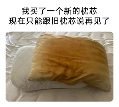 这是一张生活类搞笑梗图，上方配有文字“我买了一个新的枕芯，现在只能跟旧枕芯说再见了”，图片呈现的是一个黄色条纹旧枕套覆盖在白色新枕芯上的画面，利用视觉错位营造出“旧枕芯”的假象，与配文形成反差，制造出幽默效果——看似是要告别旧枕芯，实际上只是更换了枕芯，旧枕套仍在使用，用这种日常细节的反差调侃了生活中常见的“只换核心不换外壳”的小行为，充满生活趣味。