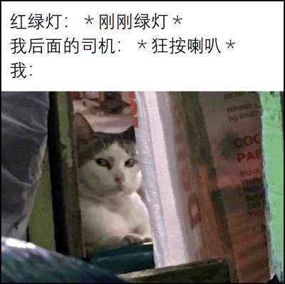 这张梗图通过文字和图片的结合，幽默地表现了一个常见的交通场景。上方文字描述："红绿灯：*刚刚绿灯* 我后面的司机：*狂按喇叭* 我："，下方是一只猫从窗帘后探出头来，表情冷漠而淡定地注视着前方。图片通过猫的表情完美诠释了面对后方司机急躁按喇叭时的无奈与淡定反应，形成了鲜明的对比和搞笑效果。