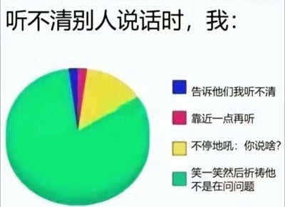 这是一张以饼图形式呈现的趣味梗图，聚焦人们听不清别人说话时的不同应对状态。饼图分为四个选项：占比绝对多数的「笑一笑然后祈祷他不是在问问题」，以及占比极小的「告诉他们我听不清」「靠近一点再听」「不停地吼：你说啥？」。图中用夸张的占比放大了部分人不想应对沟通、想逃避对话的心态，精准戳中社恐或怕麻烦人群的日常社交痛点，引发共鸣。图中无谐音梗、双关或暗示内容。