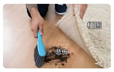 图片中一个人正用蓝色刷子清理木地板上的灰尘，灰尘上方标注着“悲伤”二字，而此人同时正在掀起一块米色的地毯，地毯上标注着“梗图”二字。这张图通过视觉隐喻，暗示用梗图（幽默内容）来“清理”或缓解悲伤情绪。