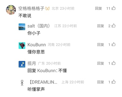 这是一张国内社交平台的评论区截图，展示了来自不同地区网友的趣味互动。第一位来自北京的用户“空格格格格子”留言“不敢说”，引发了后续多位网友的回应：江苏用户“salt（国内）”留言“你小子”，河南用户“KouBunn”表示“懂你意思”，广东用户“揽月”回复KouBunn称“不懂”，还有上海用户“【DREAMLIN...”留言“听懂掌声”。评论区形成了一种心照不宣的默契氛围，部分网友似乎领会了第一位用户未明说的含义，而有网友则表现出困惑，整体互动充满网络社群特有的轻松趣味，其中“听懂掌声”是常见的网络流行语，用来指代对隐含内容的领会。