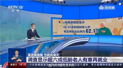 这是CCTV13新闻频道的直播画面截图，时间显示为星期日18:32。画面中，主播正坐在现代化的主播台前播报一则民生新闻，核心内容为一项调查数据：60-65岁的低龄老人里，有62.1%的人群有意向再就业，新闻主题引用诗句“莫道桑榆晚 为霞尚满天”来传递积极的老龄就业观念。画面左下角设置了手语翻译窗口，翻译员同步进行手语播报。画面底部还有滚动字幕，播报全国农情调度的相关信息。