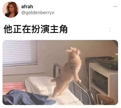 这是一张社交媒体截图，顶部显示用户头像、名称“afrah”及账号“@goldenberryx”。下方配有黑色文字“他正在扮演主角”，文字下方是一张猫咪照片。照片中，一只橘色猫咪站立在铺有白色和粉色床单的床上，身体后仰，头部高高抬起，眼神向上看，姿态仿佛在进行戏剧化表演，十分滑稽。背景可见带有百叶窗的窗户和放置着唱片机的白色架子，整体场景为居家环境，通过文字与猫咪动作的结合，营造出幽默的“猫咪扮演主角”效果。