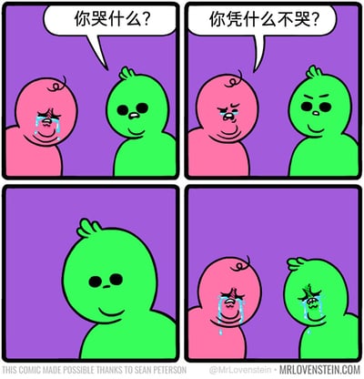 这是一幅四格卡通连环漫画，背景为统一的紫色。第一格中，粉色卡通角色正满脸泪痕地哭泣，绿色卡通角色面带温和的微笑，向它发问：“你哭什么？”；第二格中，绿色角色的表情变得严肃起来，语气尖锐地反问粉色角色：“你凭什么不哭？”；第三格画面中只剩下绿色角色，它依旧保持着微笑，似乎在思索自己的问题；第四格中，粉色角色仍在痛哭，而绿色角色也彻底崩溃，和粉色角色一起大哭起来，显然是被自己的反问戳中了内心的情绪点，陷入了自我破防的状态，用幽默的方式展现了情绪的共鸣与扎心瞬间。