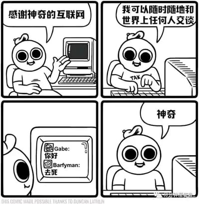 这是一幅四格连环卡通漫画，以讽刺的手法展现互联网社交的现实反差：第一格中，一个有着大眼睛的卡通角色坐在老式台式电脑前，面带笑容挥手，配文“感谢神奇的互联网”；第二格中，角色坐在电脑前打字，配文“我可以随时随地和世界上任何人交谈”，表达出对互联网连接功能的美好期待；第三格展示了角色的聊天界面，其中用户Gabe发送了友好的“你好”，但用户Barfyman却回复了充满恶意的“去死”，打破了之前的美好期待；第四格中，角色依然保持着笑容，配文“神奇”，用这种荒诞的回应凸显出互联网交流中存在的不友善与现实和期待的反差，讽刺了互联网社交环境的复杂性与荒诞性。