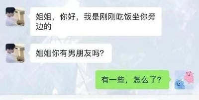 一张聊天记录截图，展示了一段幽默对话。搭讪者先打招呼：“姐姐，你好，我是刚刚吃饭坐你旁边的”，接着询问“姐姐你有男朋友吗？”，而姐姐则用“有一些，怎么了？”的回复形成反差萌，引发笑点。