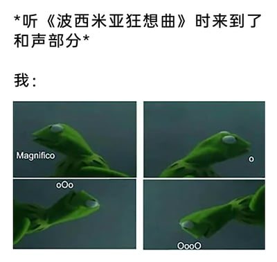 这是一张趣味meme图，上方配有文字说明场景为“听《波西米亚狂想曲》时来到了和声部分”，用“我：”引出下方的四格拼接图。四格图使用经典布偶角色科米蛙的动态画面，科米蛙做出左右转头的动作，分别搭配“Magnifico”以及不同组合的“o”拟声词，模拟出跟着《波西米亚狂想曲》中极具特色的和声段落吟唱的状态，生动又搞笑地还原了听众沉浸在经典音乐和声里的投入模样。