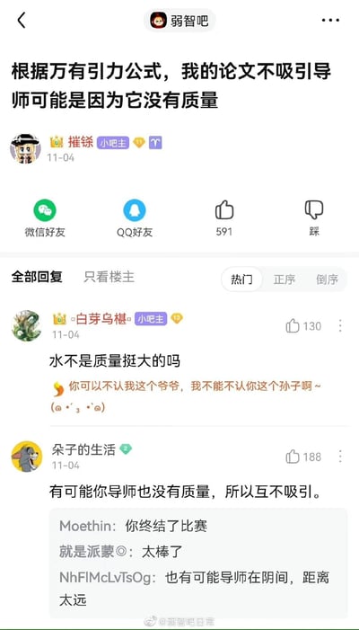 这是一张来自百度贴吧“弱智吧”的竖屏手机格式截图，楼主（小吧主“摧铩”）发布帖子，用万有引力公式玩梗，借助“质量”的双关含义（物理质量与论文内容质量），吐槽自己的论文得不到导师的关注；下方其他网友纷纷玩梗互动，小吧主“白芽乌椹”调侃“水不是质量挺大的吗”暗指论文是水文，用户“朵子的生活”回复“有可能你导师也没有质量，所以互不吸引”，该回复获得188个赞，成为热门评论，另有其他网友补充玩梗，整体内容充满无厘头的搞笑氛围，是校园学术场景下的趣味吐槽。