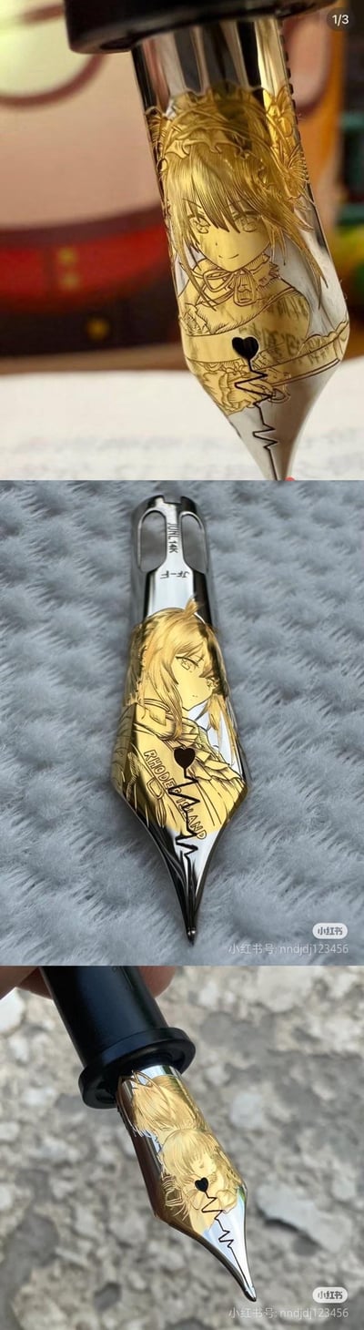多张特写照片拼接展示一款钢笔笔尖，笔尖上有精细的金色动漫少女雕刻图案。少女为金发，身着带有领结的服饰，胸前有爱心符号，雕刻线条流畅，细节丰富。图片包含笔尖顶部视角、侧面视角及手持展示图，背景简洁以突出雕刻细节。