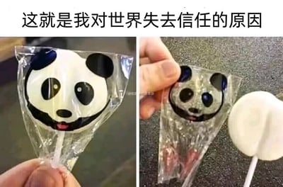 这是一张左右对比的静态图，图片上方配有文字“这就是我对世界失去信任的原因”。左侧画面中，一只手拿着包装完好的棒棒糖，透明包装上印着一个可爱的熊猫头像，视觉上会让人误以为棒棒糖本身是熊猫造型；右侧画面则展示了拆开包装后的真实场景，原来熊猫图案仅仅是印刷在包装内侧，真正的棒棒糖是普通的白色圆形，带有熊猫图案的包装被单独放在一边。这种包装和实物的强烈反差，用搞笑的方式吐槽了商家的虚假包装，让观看者产生被“欺骗”的共鸣，以此来表达对这类货不对板商品的调侃。