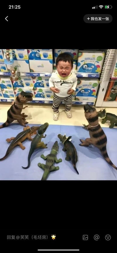 在玩具店内，一个幼儿站在摆放着仿真恐龙玩具的区域前，被几只造型逼真的恐龙玩具“包围”，幼儿眉头紧皱、张嘴大哭，双手攥在腰腹位置，看起来十分恐惧，背景是堆叠的卡通形象玩具包装盒，场景充满童趣，既让人觉得心疼又忍俊不禁。