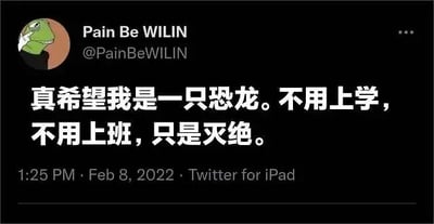 这是一张Twitter（现X平台）的帖子截图。用户@PainBeWILIN的头像为绿色类似青蛙的卡通形象，发布内容为：“真希望我是一只恐龙。不用上学，不用上班，只是灭绝。” 发布时间显示为2022年2月8日下午1:25，通过Twitter for iPad发布。图中文字以幽默调侃的方式表达了对不用上学、不用上班的向往，即使代价是“灭绝”，带有自嘲和无奈的情绪。