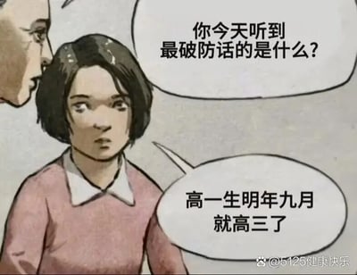这是一幅带对白气泡的手绘卡通单图，画面中有两个人物，左侧人物凑近向中间的短发女生提问：“你今天听到最破防话的是什么？”，女生露出错愕震惊的表情，回答道：“高一生明年九月就高三了”。这句话用夸张的方式调侃高中阶段时间流逝飞快，看似高一到高三还有两年时间，但实际扣除假期和紧张的学习进度，会让学生感觉时间转瞬即逝，精准戳中了高中生面对升学压力时对时间飞逝的焦虑与无奈，用搞笑的方式引发学生群体的共鸣。