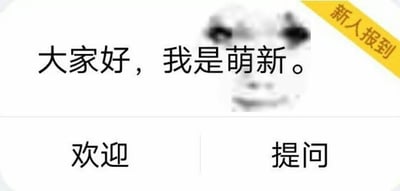 这是一张适用于线上社群场景的互动式梗图，画面上方是模糊化的搞怪人脸表情包，搭配文字“大家好，我是萌新。”，右上角有黄色斜角标签标注“新人报到”；画面下方分栏设置了“欢迎”和“提问”两个选项式文字区域，整体风格简洁轻松，用于新人在聊天群组、论坛社群里以趣味化的方式完成自我介绍，同时引导群内成员进行欢迎或者提问的互动，图中没有双关、谐音梗等特殊内容。
