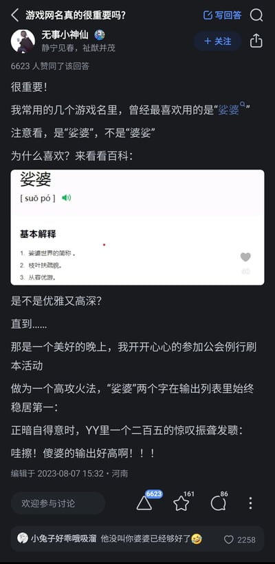 这是一张知乎回答的截图，回答的问题是“游戏网名真的很重要吗？”，答主“无事小神仙”分享了自己的趣味经历：他曾选用寓意优雅高深的“娑婆”作为游戏网名，在公会刷本活动里作为高攻火法输出稳居第一，正暗自得意时，却被公会成员将“娑婆”误看成“傻婆”并惊叹输出高，以此生动地说明游戏网名的重要性。该回答获得了6623人赞同，下方热门评论“小兔子好乖哦吸溜”调侃“他没叫你婆婆已经够好了😆”，让这件趣事更添笑点。