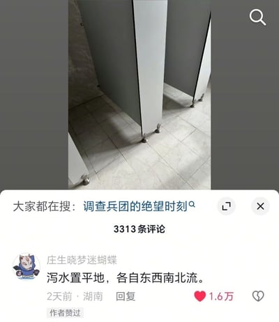 整张图由上下两部分组合而成，上半部分是公共厕所的实拍画面，可见多个灰色的卫生间隔间挡板底部和浅色瓷砖地面之间留有很大的空隙，没有做遮挡处理；下半部分是国内社交媒体的评论区界面，顶部的搜索联想词为“调查兵团的绝望时刻”，借用动漫《进击的巨人》里的设定玩梗，调侃这种无遮挡的隔间会让如厕的人毫无隐私、十分尴尬，下方一条热门评论借用古诗“泻水置平地，各自东西南北流”来对应场景，进一步玩梗调侃，评论获1.6万赞，还被内容作者点赞，整体内容趣味十足，引发网友共鸣。