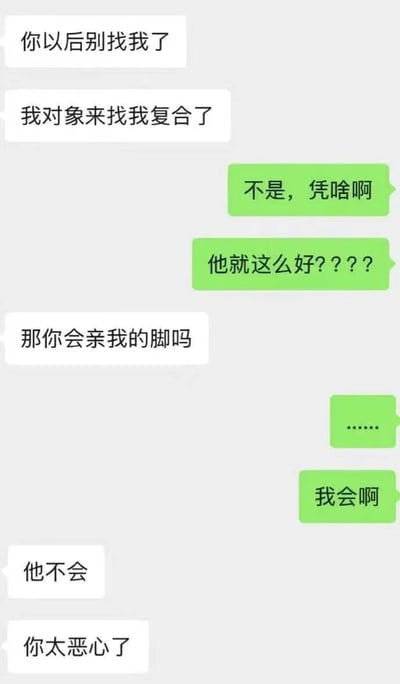 这张图是一个经典的分手后聊天对话截图，内容中一方宣布与现任复合，让对方别再联系，对方则以直球回复"我会亲你的脚"应对前任的试探，场面变得十分尴尬中带点幽默。这个聊天片段以康复自嘲方式化解了分手后的尴尬，常用来表达豁达、幽默或者无所谓的态度。

亮点解析：其中“亲脚”在中文网络语境下有羞耻、反差意味，是整段对话的梗点和笑料来源，属于典型情感段子梗。