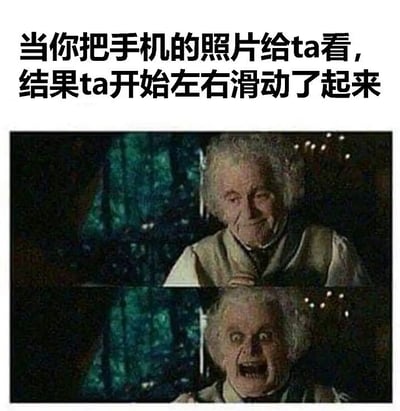 图像上半部分是一句网络吐槽文案：“当你把手机的照片给ta看，结果ta开始左右滑动了起来”，表达出主人公把手机展示某一张照片给他人看时，对方却开始随意滑动手机翻看其他照片，让人瞬间紧张害怕的窘迫情绪。

画面下方配有来自电影《指环王》中比尔博·巴金斯情绪突变的表情包，形象地表现了主人公内心震惊、害怕、局促甚至崩溃的心理。

该表情包巧妙结合实际生活的尴尬体验与电影角色的表情，是对现代社交敏感心态的有趣展现。