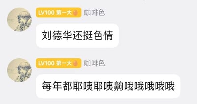 静态单图，展示两个相同用户（LV100 第一大，咖啡色标签）的评论内容。上方用户头像为素描风格卡通人物，第一条评论文字为“刘德华还挺色情”，第二条为“每年都耶咦耶咦齁哦哦哦哦哦”，整体呈现网络调侃式的评论区截图风格。