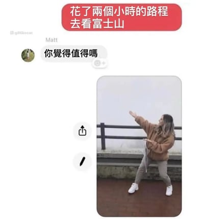 这张梗图描绘了旅游路上常见的尴尬情景：原本兴冲冲花两个小时去看富士山，结果现场只有雾气和栏杆，本尊景点却看不到。女生无奈摆出夸张手势，指向一片白茫茫的远方，还自带搞笑气场。整张图特别适用于表达对期待落空、现场翻车或者“为啥专门来”的无奈，也容易在网友中引发共鸣。

反差与调侃梗：用夸张动作衬托实际什么都没有，非常适合表现“你觉得值得吗”的经典社死感。