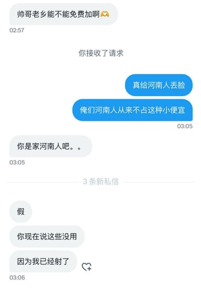 这是一张社交媒体私人聊天记录截图，内容为：一方用户先是自称河南老乡，向另一方索要免费的相关权益/服务，被请求的河南籍用户接收请求后指责对方给河南人丢脸，称河南人从来不占这类小便宜，请求方随后反咬表示自己之前说的河南人身份是假的，还耍无赖称现在说这些都没用，自己已经完成了相关操作，整个对话充满反转的荒诞笑点。