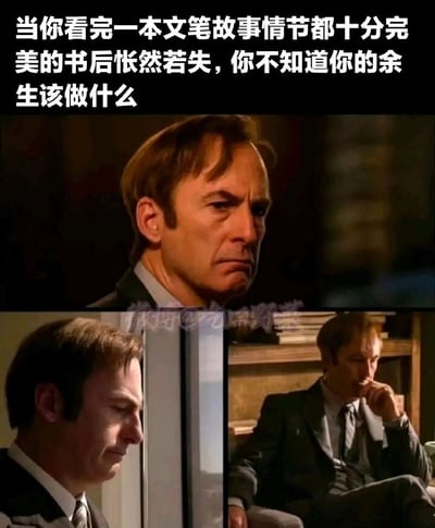 这是一张由美剧《风骚律师》中角色吉米·麦吉尔的三张不同场景截图拼接而成的梗图，顶部配有文字“当你看完一本文笔故事情节都十分完美的书后怅然若失，你不知道你的余生该做什么”。图中三张截图分别展现了角色眉头紧锁神情落寞、低头垂目情绪低落、手托下巴陷入沉思的状态，精准地还原了读者在读完一本内容极度精彩的书籍后，因故事落幕而产生的巨大空虚感与茫然情绪，能够让有过类似读书体验的人产生强烈的情感共鸣。