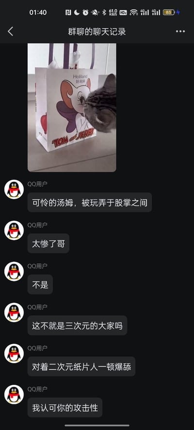 这是一张QQ群聊的聊天记录截图，截图上方是一张实拍照片：一只现实中的狸花猫正凑在印有《猫和老鼠》里汤姆猫形象的好利来联名手提袋旁，舔舐袋上的汤姆猫图案。截图下方是群内“QQ用户”的连续发言：先是调侃“可怜的汤姆，被玩弄于股掌之间”“太惨了哥”，随后突然转折，将猫咪的行为类比为“三次元的大家对着二次元纸片人一顿爆舔”，用搞笑的方式吐槽现实中的二次元爱好者，最后还补充“我认可你的攻击性”，整体内容充满玩梗的调侃意味，用现实动物的行为制造反差笑点。