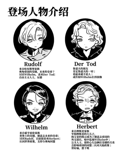 这是一张黑白日式漫画风格的图文混排图，顶部有大字标题“登场人物介绍”，下方排列四个圆形头像框对应四个二次元化的角色，每个头像下方配有角色名、身份、立场和人物关系说明。角色原型分别取自欧洲近代历史人物和音乐剧《伊丽莎白》中的死神，人物关系设定模仿NTR类作品的经典多角关系框架，最后登场的赫伯特的介绍末尾加入“胃好痛，想下班”的社畜吐槽，打破了严肃的历史人物设定，制造出荒诞搞笑的效果。