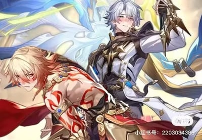这是一张游戏《崩坏：星穹铁道》的同人创作图，图中呈现游戏角色景元（金发）与杰帕德（银发），两人均带着脸红的窘迫神情，景元半俯身，杰帕德抬手握着武器部件，背景搭配淡色特效光影，画面传递出暧昧氛围，属于玩家对原作角色的二次创作，无谐音梗或双关内容。