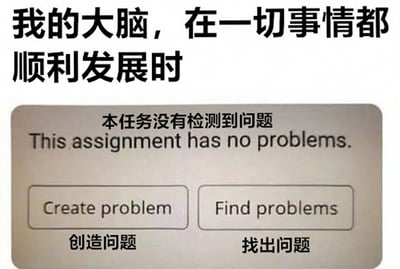 这是一张幽默梗图，上方文字为'我的大脑，在一切事情都顺利发展时'，下方模拟了一个系统检测界面，显示'本任务没有检测到问题'（附带英文翻译），并配有两个按钮：'Create problem 创造问题'和'Find problems 找出问题'。图片通过将大脑比作检测系统，调侃了当一切顺利时，人们反而可能会下意识地寻找或制造问题的心理状态，充满自嘲和幽默感。