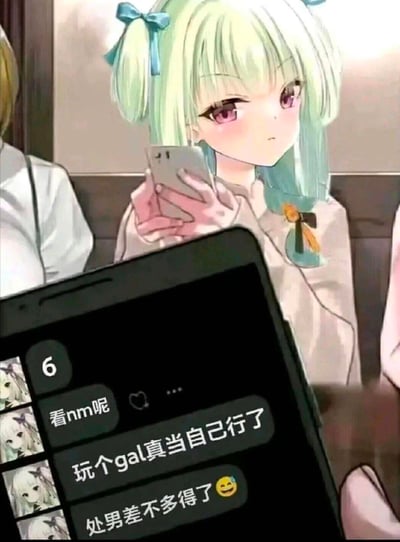 图片展示了一位有着浅绿色双马尾和紫色眼睛的动漫风格少女，她正专注地看着手中的智能手机。前景中另一部手机屏幕上显示着几条带有嘲讽意味的消息：'看nm呢'、'玩个gal真当自己行了'和'处男差不多得了'，暗示着某种网络争论或调侃。少女的表情看起来有些困惑或不悦。