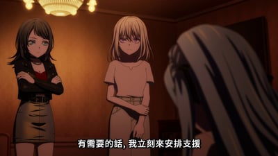 动漫《MyGO!》中的室内场景截图，画面中有三位女性角色。左侧黑发角色身着黑色皮夹克与灰色短裙，双臂交叉站立，表情严肃；中间金发角色穿着浅粉色上衣与米色长裤，双手交握于身前，神情平静；右侧灰发角色背对着镜头，只能看到部分头发。场景灯光温暖，背景为棕色墙壁，顶部有一盏吊灯。画面底部有白色字幕：'有需要的话,我立刻來安排支援'。