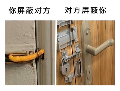 这是一张左右分栏的静态对比图，通过生活化的锁门场景类比社交软件中的屏蔽状态：左侧区域上方标注文字“你屏蔽对方”，配图是用一根薯条简单插在门缝的插销处，随意地将门锁住，生动表现出自己主动屏蔽他人时的轻松、不在意的心态；右侧区域上方标注文字“对方屏蔽你”，配图是一扇木门上安装了多道锁具、插销与防盗扣，层层加固，夸张地呈现出自己被他人屏蔽时，主观感受到的对方对自己充满防备、完全拒绝接触的状态，用反差感极强的场景精准戳中社交中的共鸣点，幽默又形象。