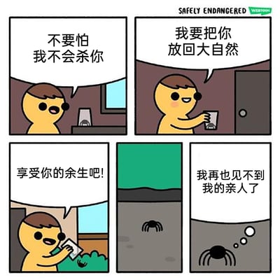 这是一则由五格组成的卡通搞笑漫画，第一格中，黄皮肤卡通小人面带温和表情，对着杯子里的蜘蛛说道“不要怕 我不会杀你”；第二格中，小人手持杯子，笑着说“我要把你放回大自然”；第三格，小人来到户外，将杯子里的蜘蛛倒出，开心地喊出“享受你的余生吧!”；第四格展示蜘蛛掉进了下水道的地面；第五格中，蜘蛛在下水道的水里下沉，配文“我再也见不到我的亲人了”，气泡表现出它的绝望。漫画通过人类自以为的善意放生行为，与蜘蛛最终陷入更绝望处境的反差，制造出黑色幽默的效果。
