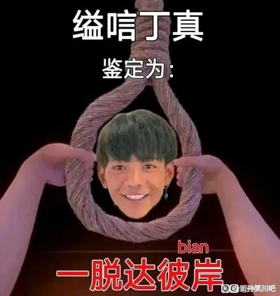 这是一张网络恶搞性质的静态P图，创作者将公众人物丁真面带微笑的面部图像，合成到绳索制作的绞索环内，营造出强烈的视觉反差感。画面上方配有文字“缢唁丁真”，中间标注“鉴定为：”，下方是标注了拼音“bian”的“一脱达彼岸”，运用了谐音梗，“一脱”谐音“一苇”，改编自“一苇达彼岸”的说法，结合绞索的视觉元素，形成戏谑的恶搞效果，右下角带有百度贴吧“新孙笑川吧”的水印。