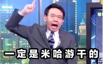 这是一张经过二次创作的新闻主播截图，图中的台湾新闻主播刘宝杰表情激动，嘴巴大张，右手向上抬起指向前方，画面下方添加了黑色加粗的文字“一定是米哈游干的”。这张图是游戏圈的玩梗表情包，网友常用它来调侃各类游戏相关的事件，戏谑地将事件原因归咎于米哈游，整体风格搞笑夸张，没有双关、谐音梗等特殊表意。