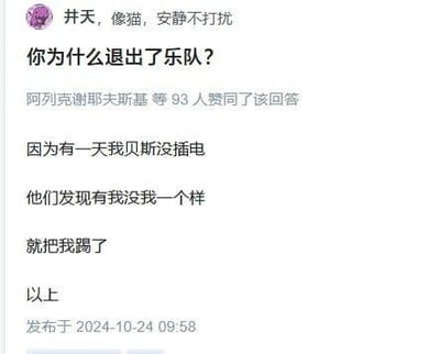 这是一张竖屏格式的社交媒体问答截图，用户提问「你为什么退出了乐队？」，答主用自嘲的方式回复：因为有一天贝斯没插电，乐队成员发现有没有自己都一样，于是就把自己踢了。这个段子调侃了贝斯手在乐队中存在感较低的处境，充满搞笑又无奈的氛围。