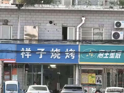 图片展示了一处临街店铺的街景，画面中央是两家相邻的店铺。左侧为蓝色招牌的“祥子烧烤”，右侧是绿色招牌的“海王星辰”（连锁药房）。店铺上方是灰色砖墙建筑，墙面上可见空调外机、白色排水管及交错的电线，建筑二楼有带铁栅栏的窗户和部分绿植。店铺下方为玻璃门和橱窗，门口停放着几辆汽车，整体呈现出城市日常街道的真实景象。
