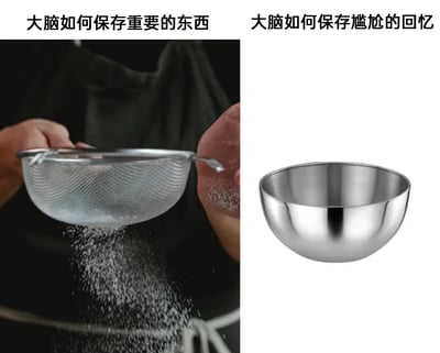 这是一张左右分栏的对比类静态梗图，左侧画面展示了一只手拿着细网漏勺筛面粉，大部分面粉从漏勺的网眼中洒落出去，上方配文“大脑如何保存重要的东西”，以此比喻人们的大脑常常像漏筛一样留不住重要的信息；右侧画面是一个完全密封的实心不锈钢碗，上方配文“大脑如何保存尴尬的回忆”，用来调侃人们的大脑会把尴尬的回忆完完整整、牢牢地留存下来，这种用日常厨具的特性来类比大脑记忆差异的方式，精准戳中了大众的生活共鸣，十分搞笑生动。