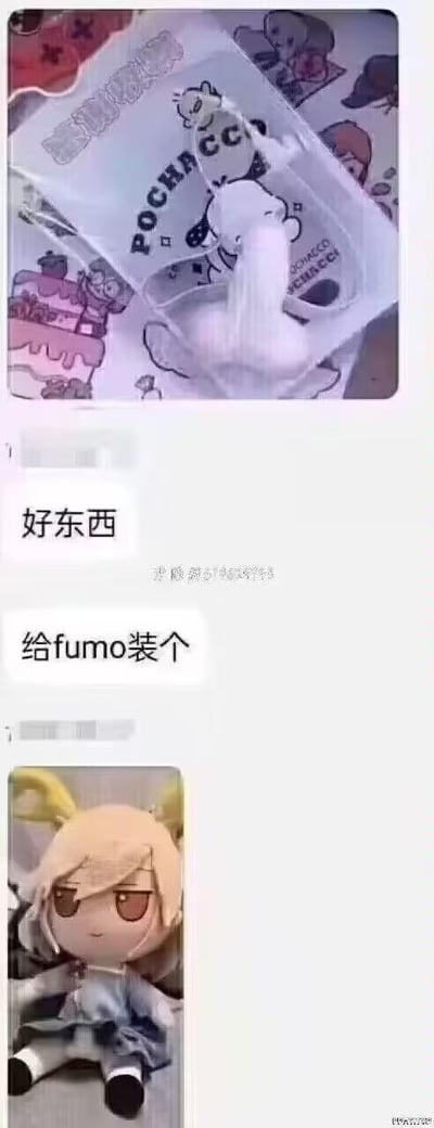 图片分为上下两部分，上半部分展示了一个印有Sanrio角色Pochacco图案的透明包装物品，包装上有“POCHACCO”字样及卡通形象；下半部分是一个米色头发、穿着蓝色衣服的fumo plush玩偶，呈坐姿状态。图片中间配有文字“好东西”和“给fumo装个”，推测是用户推荐将该Pochacco物品作为fumo plush的装饰或配件使用。